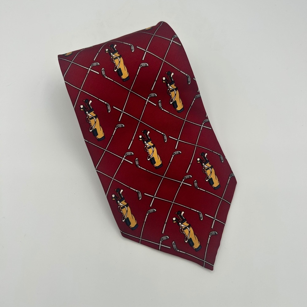 Oscar de la Renta Mens Red Silk Golf Clubs Bags Tie Couture Collection USA Made